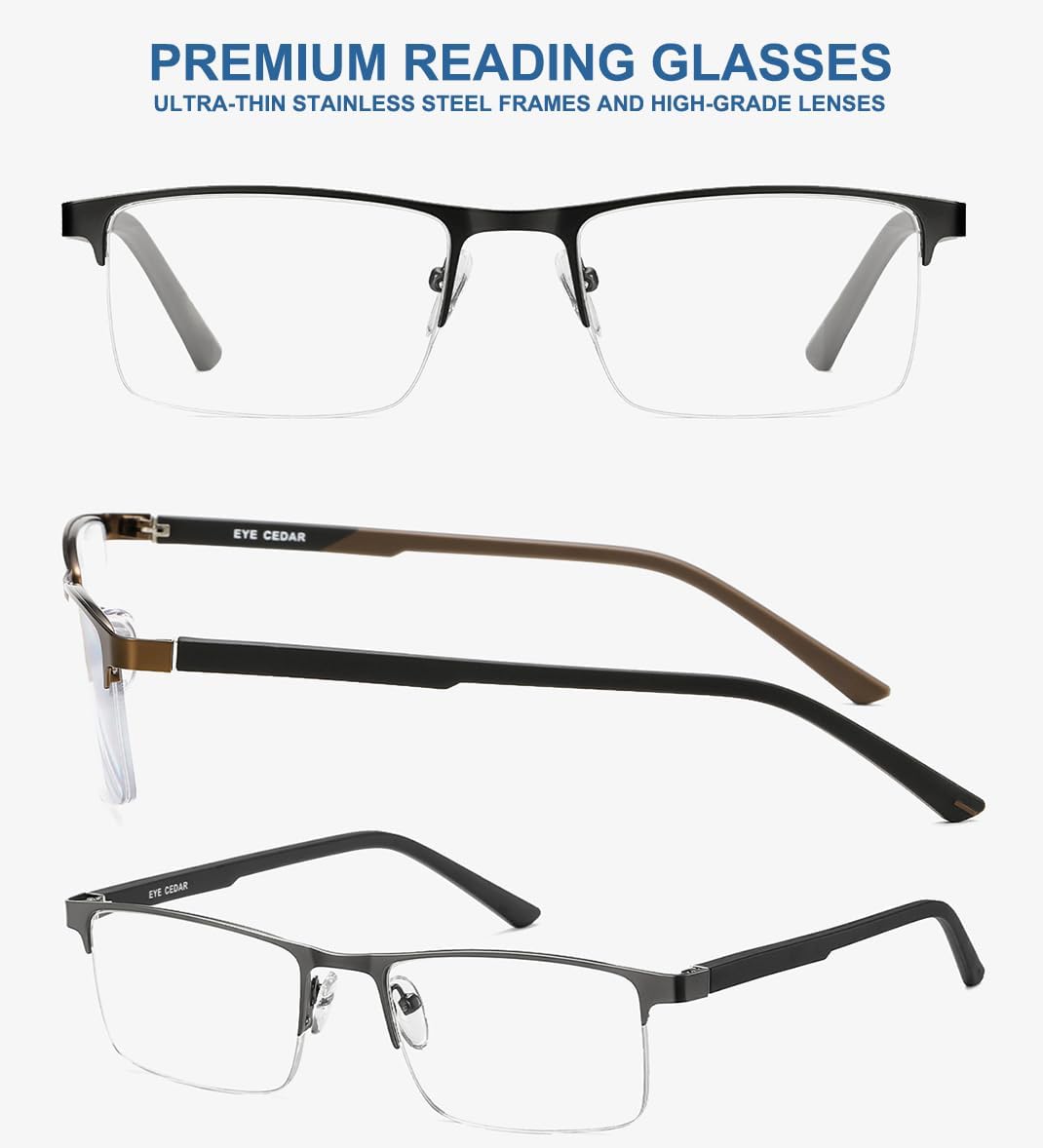EYECEDAR 5 Pack Premium Blue Light Blocking Reading Glasses Men Metal Half Frame Spring Hinges Computer Readers for Men and Women 2.0