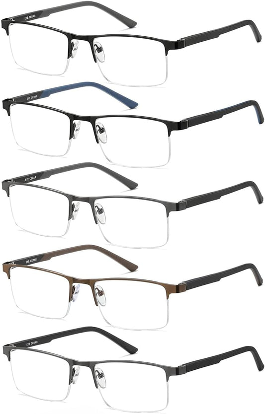 EYECEDAR 5 Pack Premium Blue Light Blocking Reading Glasses Men Metal Half Frame Spring Hinges Computer Readers for Men and Women 2.0