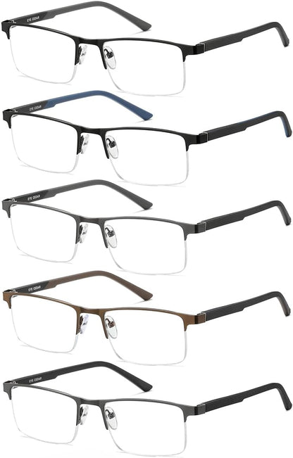 EYECEDAR 5 Pack Premium Blue Light Blocking Reading Glasses Men Metal Half Frame Spring Hinges Computer Readers for Men and Women 2.0