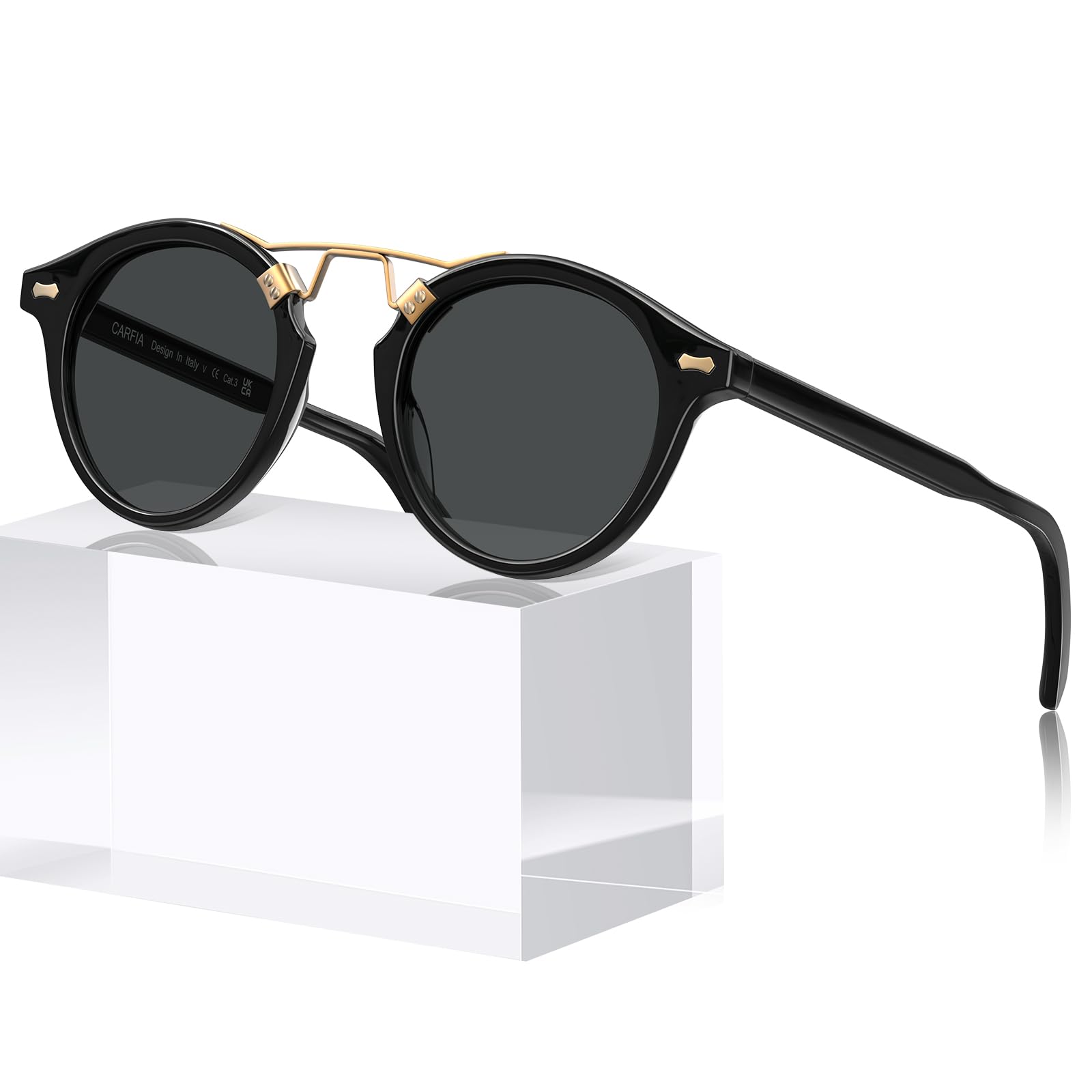 CARFIA Small Face Acetate Polarized Sunglasses for Women UV Protection, Retro Double Bridge Eyewears Metal Brow Round Sunnies