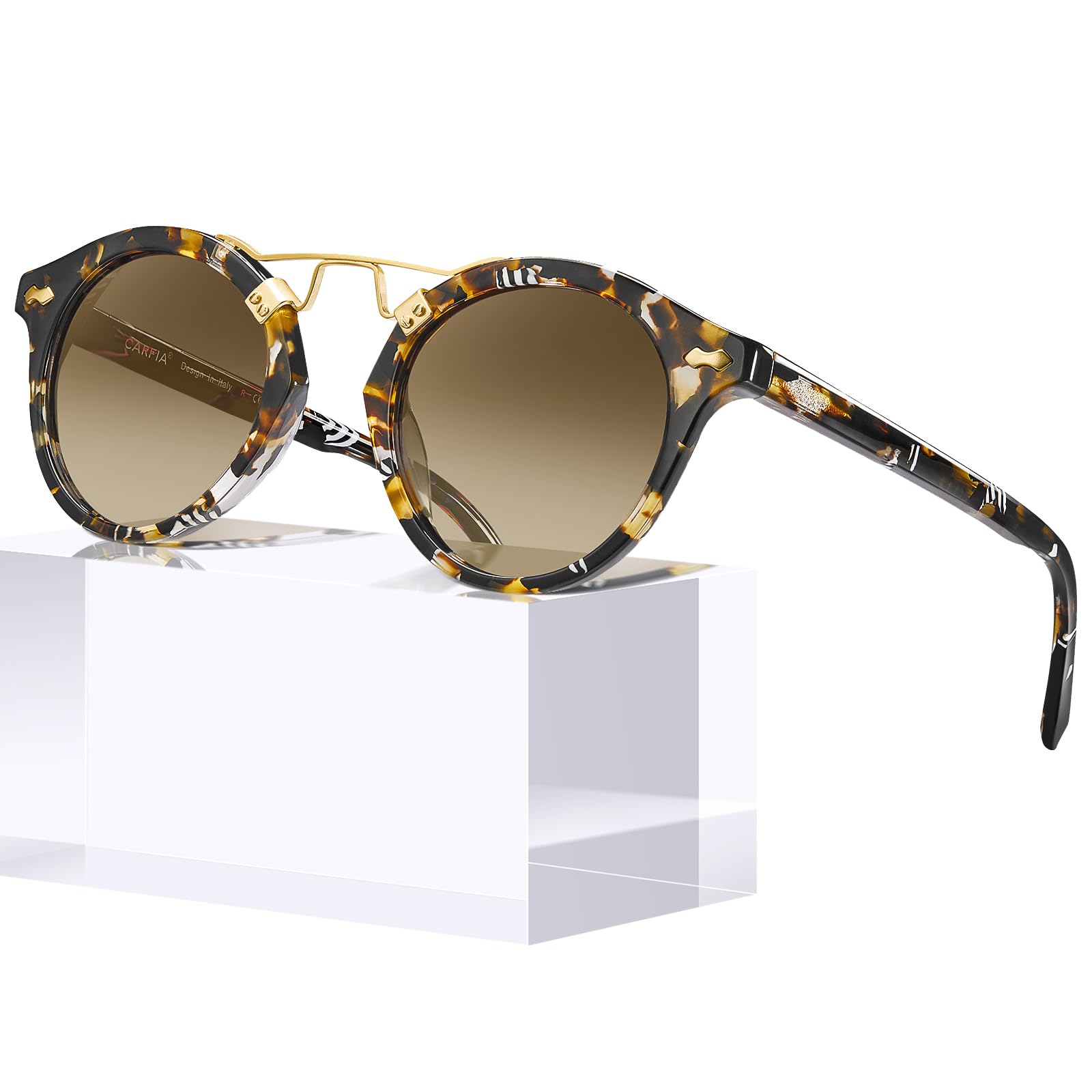 CARFIA Small Face Acetate Polarized Sunglasses for Women UV Protection, Retro Double Bridge Eyewears Metal Brow Round Sunnies