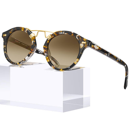 CARFIA Small Face Acetate Polarized Sunglasses for Women UV Protection, Retro Double Bridge Eyewears Metal Brow Round Sunnies