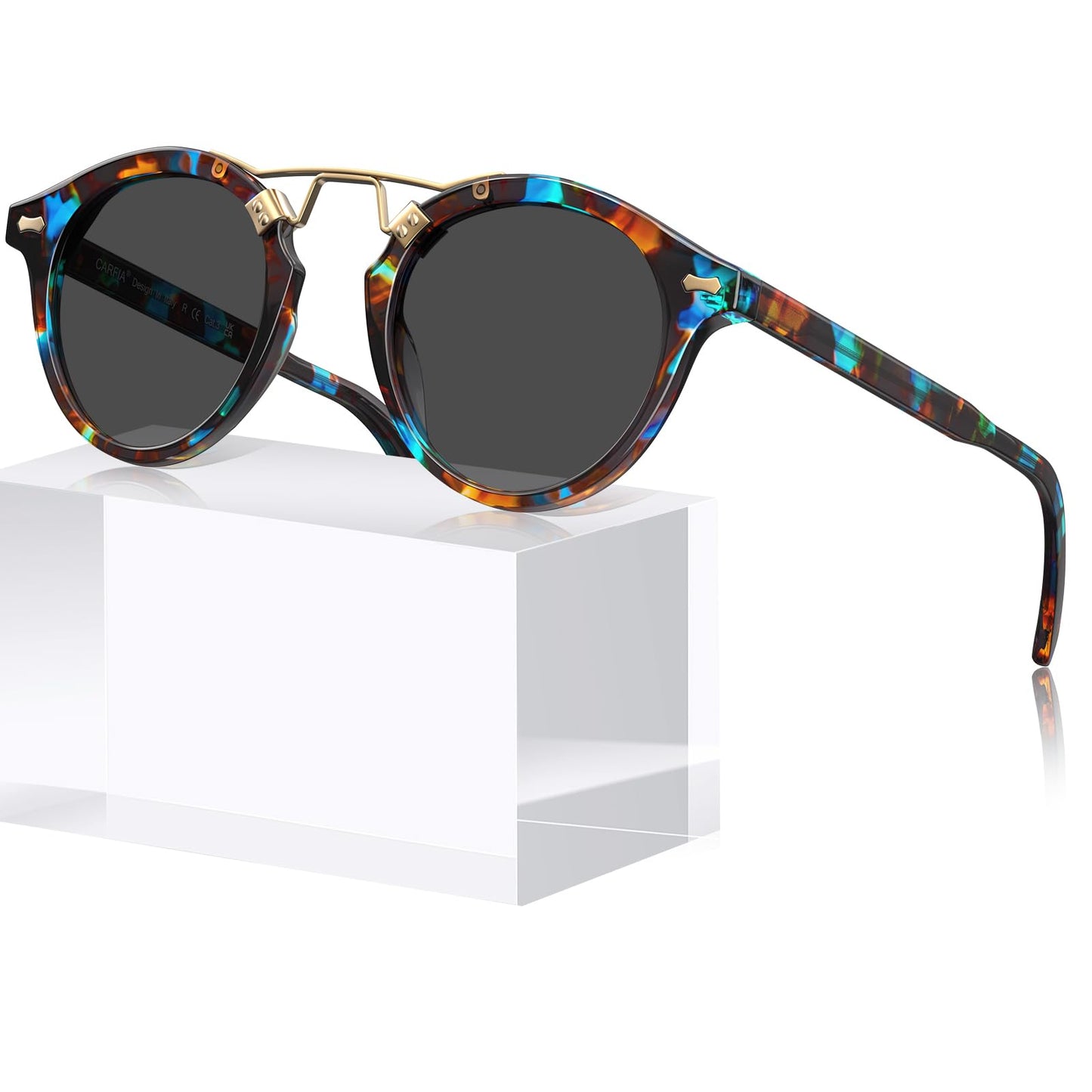CARFIA Small Face Acetate Polarized Sunglasses for Women UV Protection, Retro Double Bridge Eyewears Metal Brow Round Sunnies