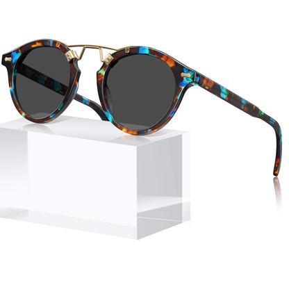 CARFIA Small Face Acetate Polarized Sunglasses for Women UV Protection, Retro Double Bridge Eyewears Metal Brow Round Sunnies