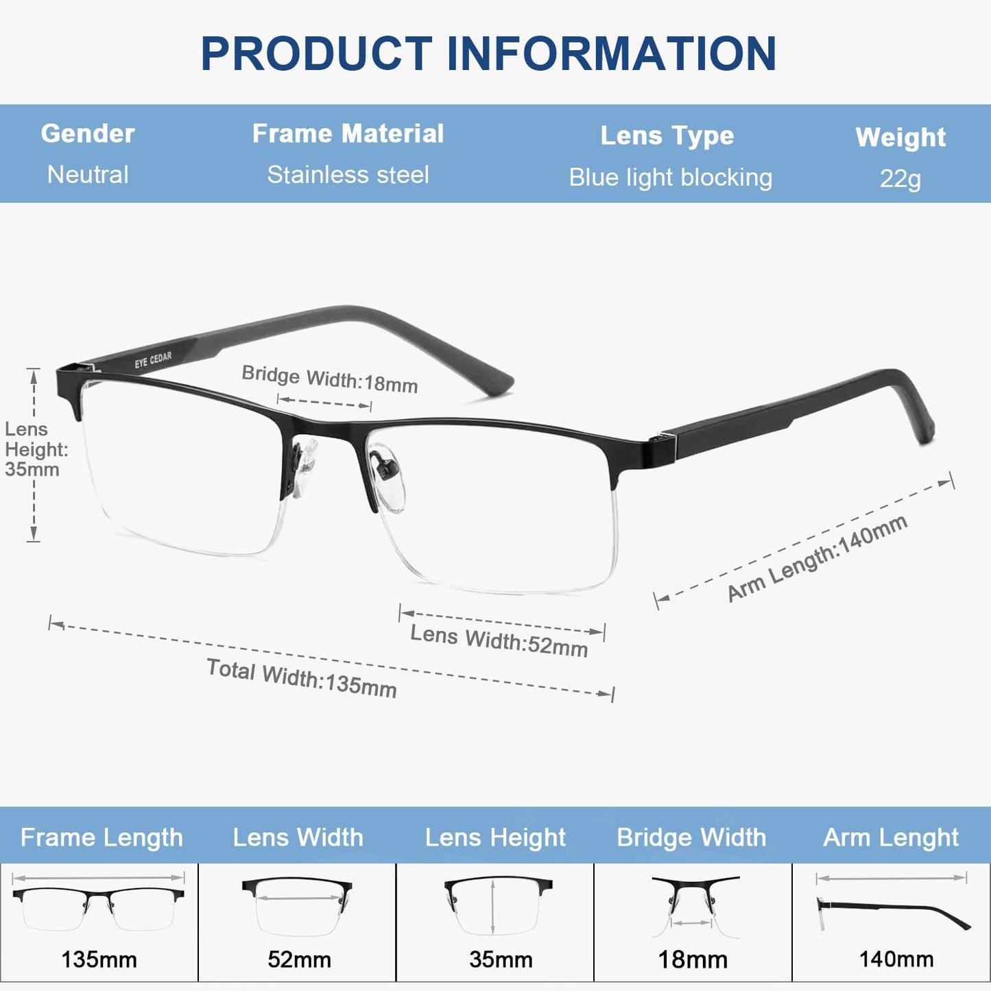 EYECEDAR 5 Pack Premium Blue Light Blocking Reading Glasses Men Metal Half Frame Spring Hinges Computer Readers for Men and Women 2.0