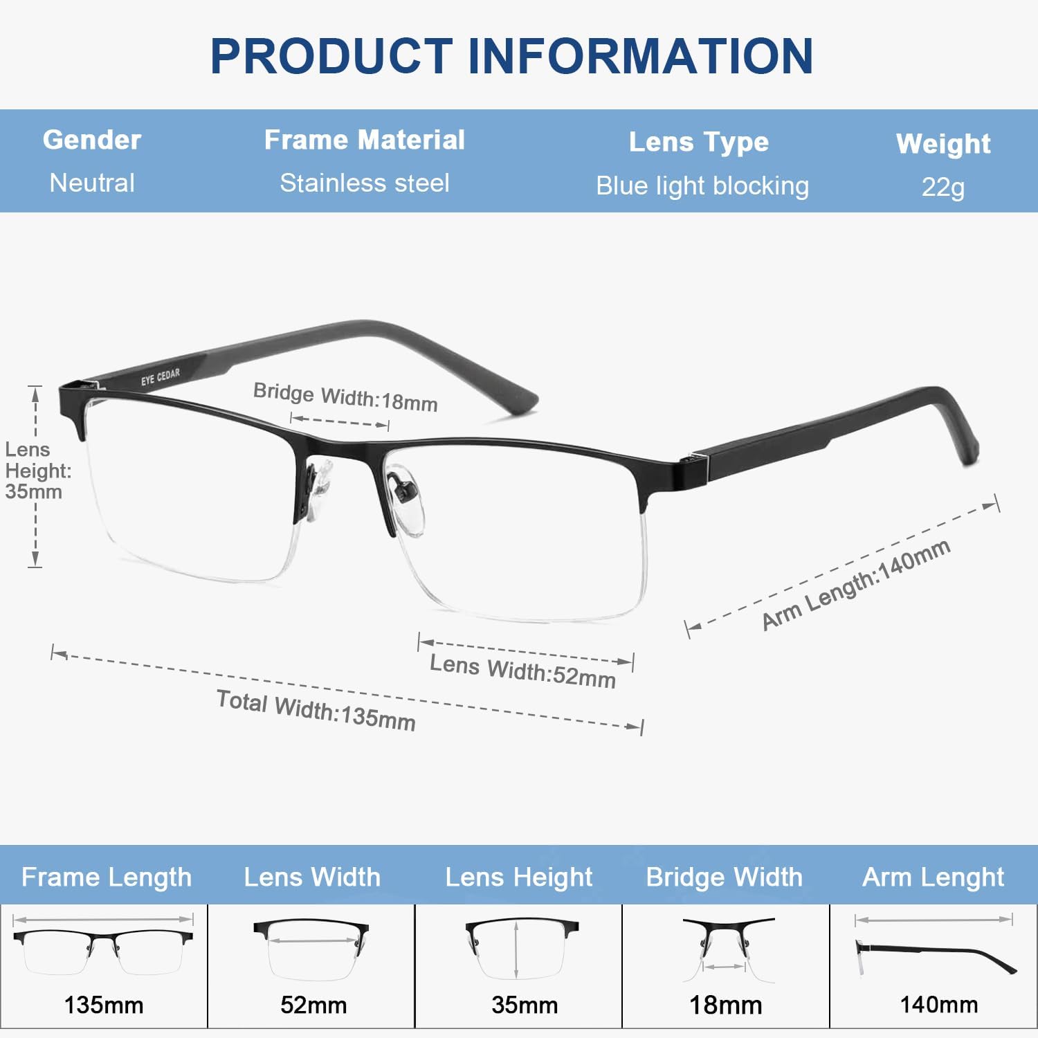 EYECEDAR 5 Pack Premium Blue Light Blocking Reading Glasses Men Metal Half Frame Spring Hinges Computer Readers for Men and Women 2.0