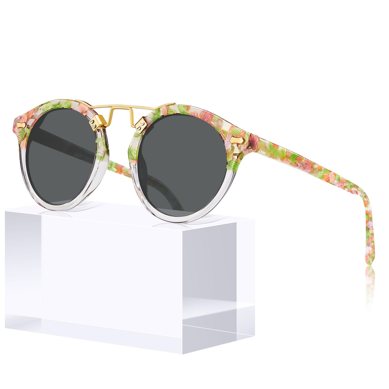 CARFIA Small Face Acetate Polarized Sunglasses for Women UV Protection, Retro Double Bridge Eyewears Metal Brow Round Sunnies