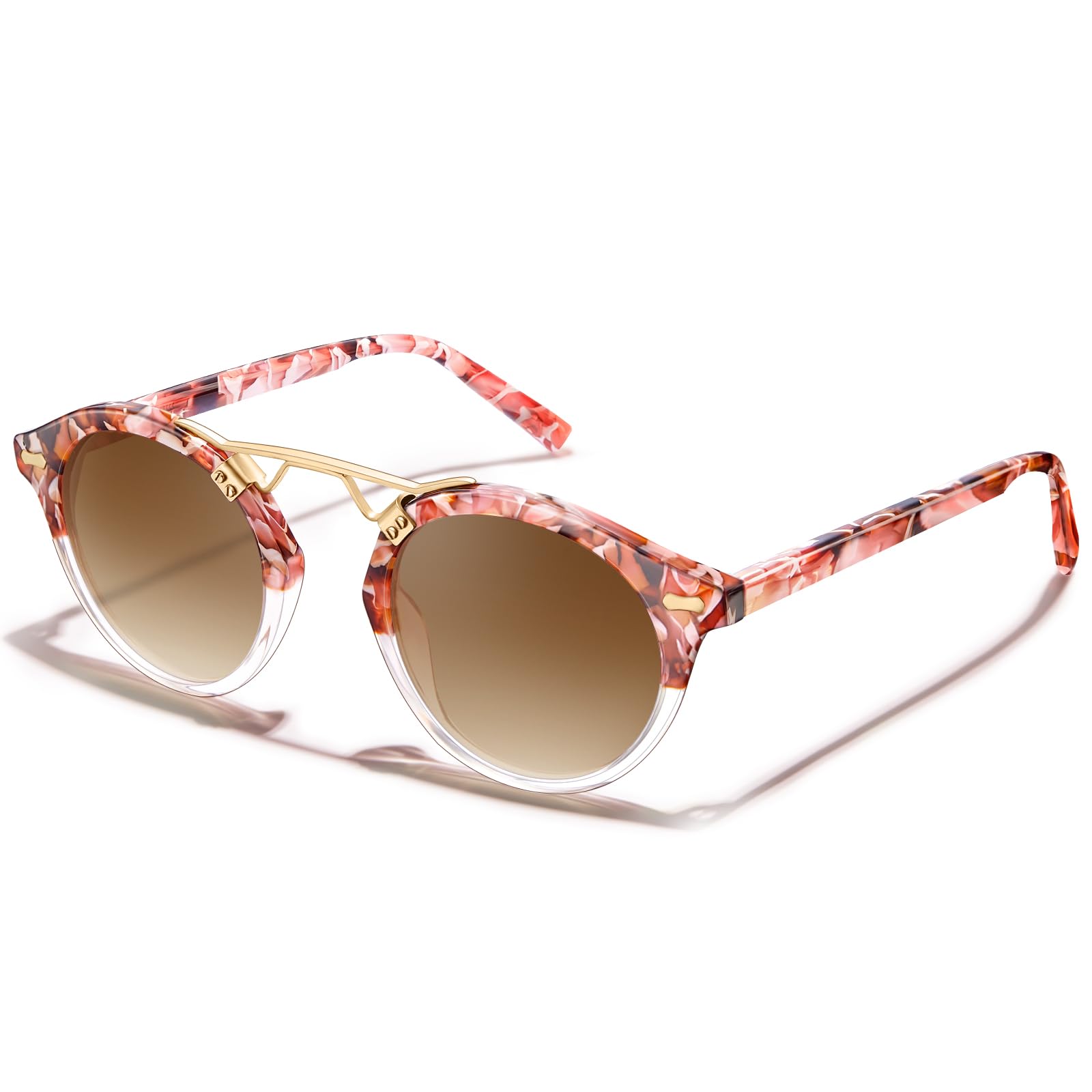 CARFIA Small Face Acetate Polarized Sunglasses for Women UV Protection, Retro Double Bridge Eyewears Metal Brow Round Sunnies