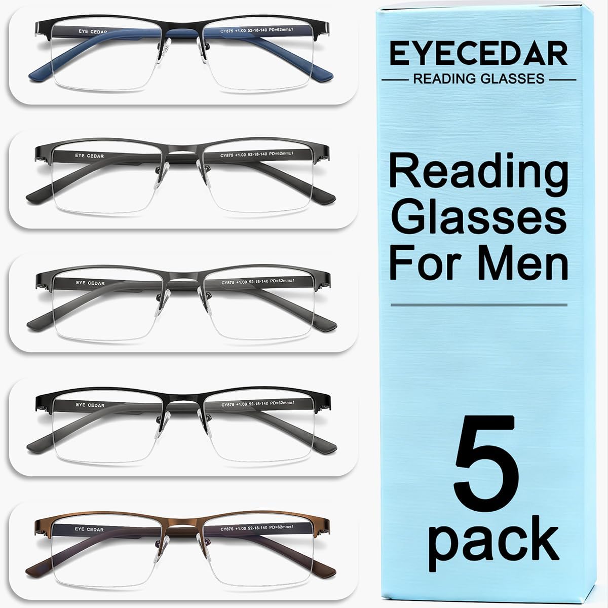 EYECEDAR 5 Pack Premium Blue Light Blocking Reading Glasses Men Metal Half Frame Spring Hinges Computer Readers for Men and Women 2.0