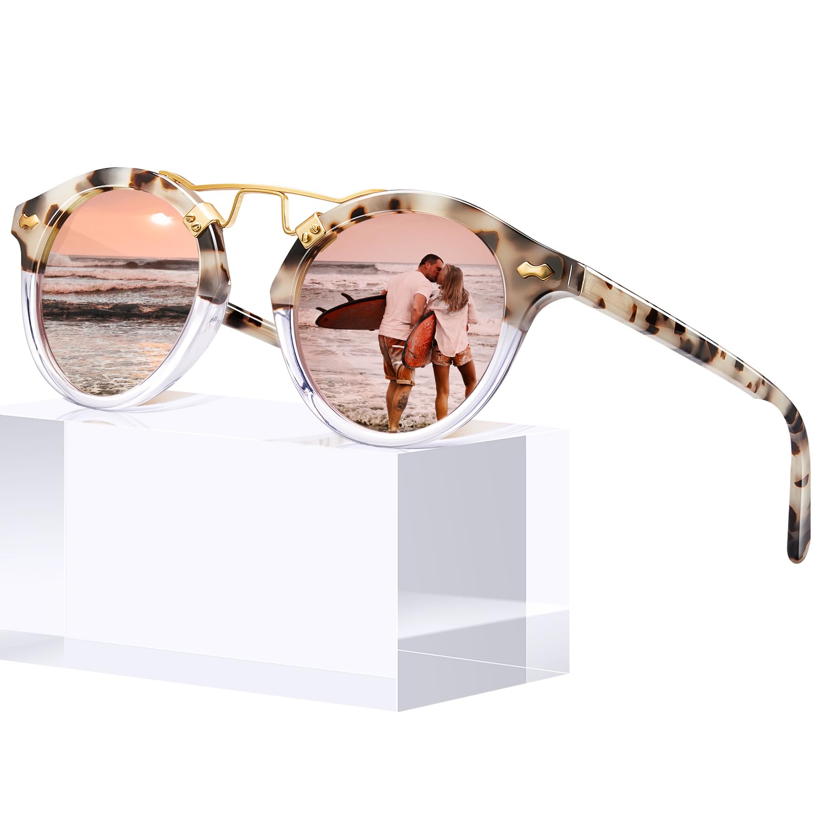 CARFIA Small Face Acetate Polarized Sunglasses for Women UV Protection, Retro Double Bridge Eyewears Metal Brow Round Sunnies