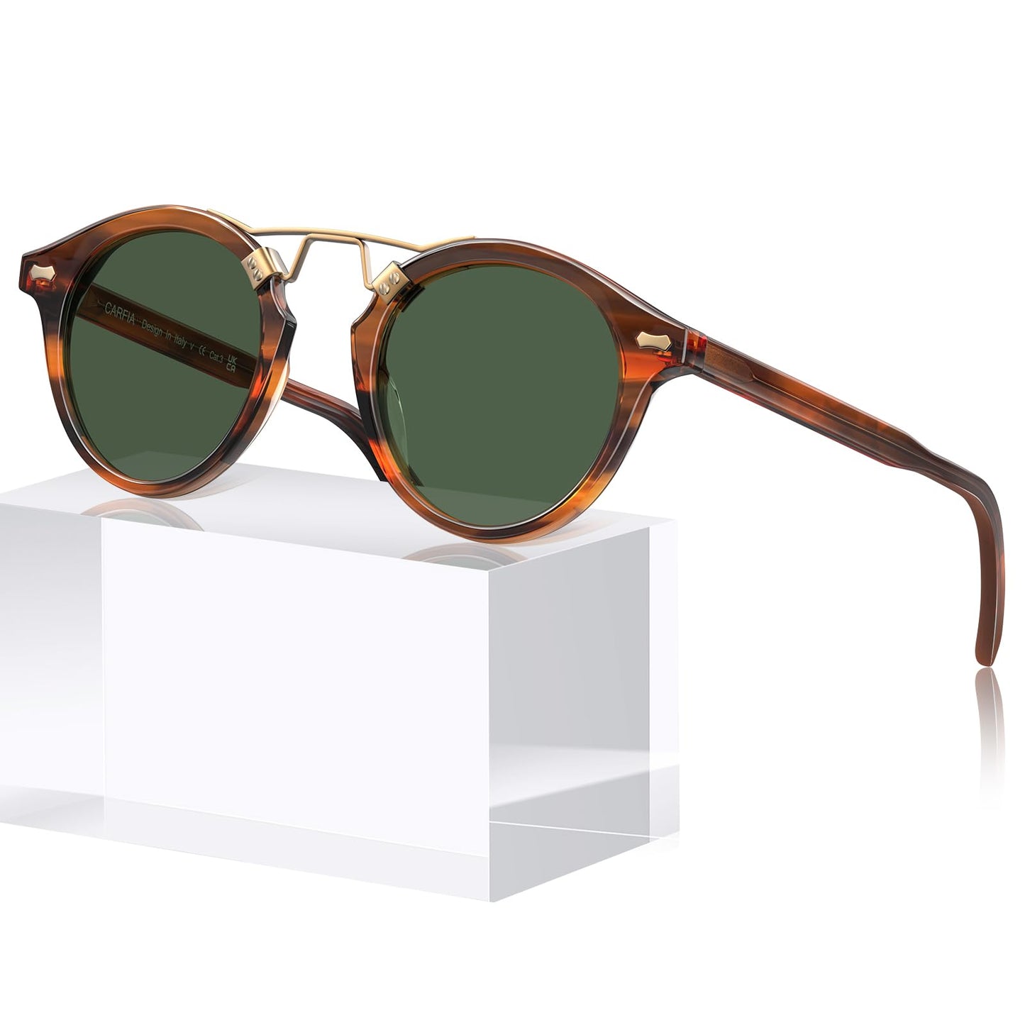 CARFIA Small Face Acetate Polarized Sunglasses for Women UV Protection, Retro Double Bridge Eyewears Metal Brow Round Sunnies