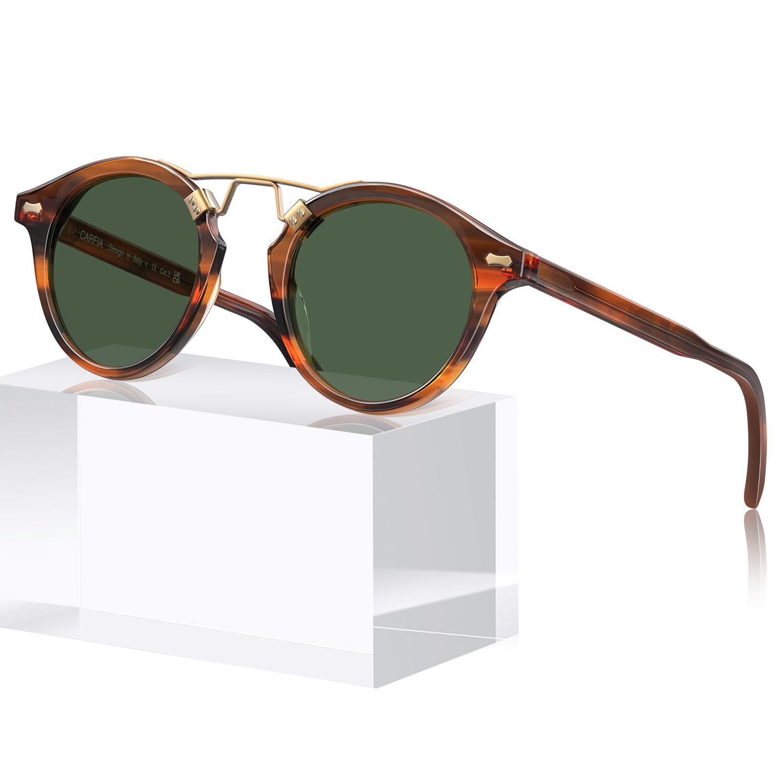 CARFIA Small Face Acetate Polarized Sunglasses for Women UV Protection, Retro Double Bridge Eyewears Metal Brow Round Sunnies