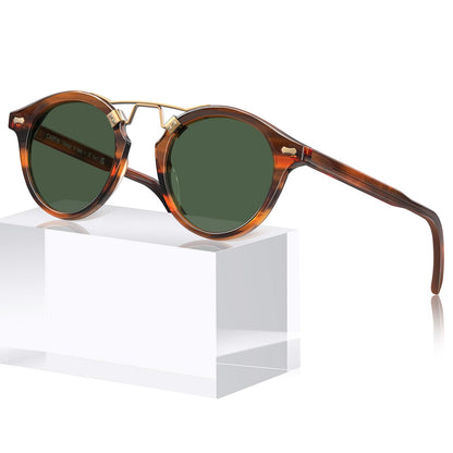 CARFIA Small Face Acetate Polarized Sunglasses for Women UV Protection, Retro Double Bridge Eyewears Metal Brow Round Sunnies