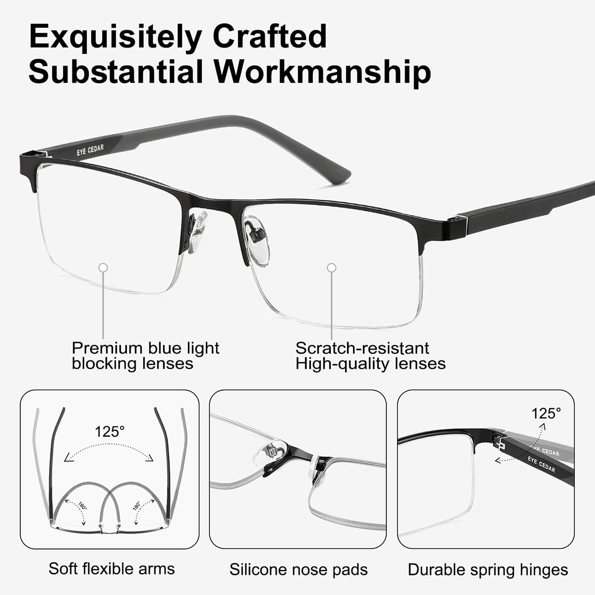 EYECEDAR 5 Pack Premium Blue Light Blocking Reading Glasses Men Metal Half Frame Spring Hinges Computer Readers for Men and Women 2.0