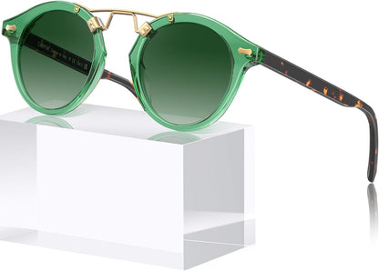 CARFIA Small Face Acetate Polarized Sunglasses for Women UV Protection, Retro Double Bridge Eyewears Metal Brow Round Sunnies