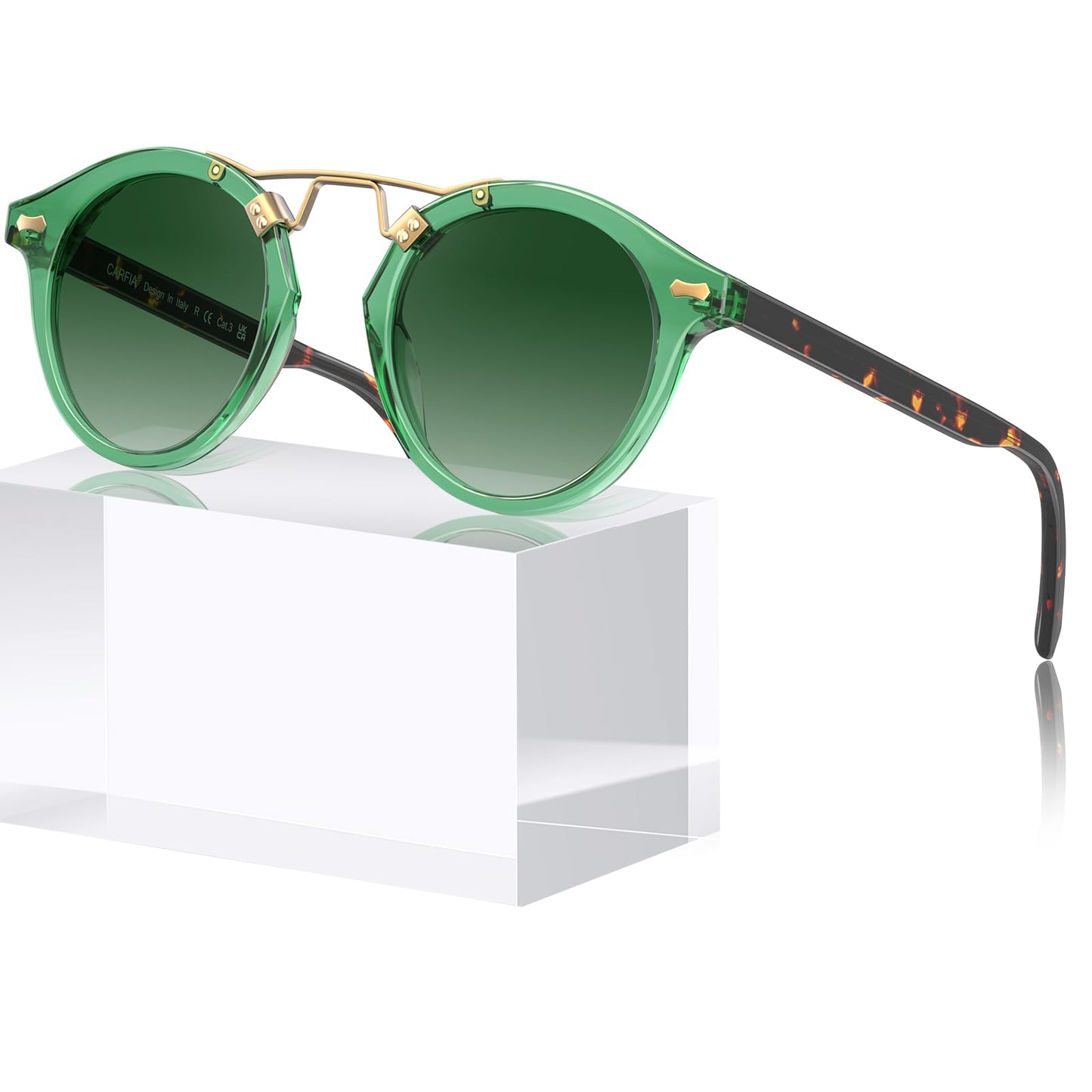 CARFIA Small Face Acetate Polarized Sunglasses for Women UV Protection, Retro Double Bridge Eyewears Metal Brow Round Sunnies