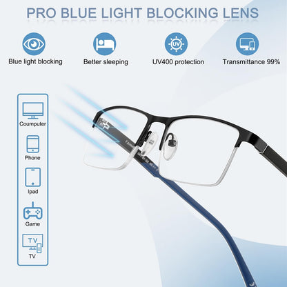 EYECEDAR 5 Pack Premium Blue Light Blocking Reading Glasses Men Metal Half Frame Spring Hinges Computer Readers for Men and Women 2.0