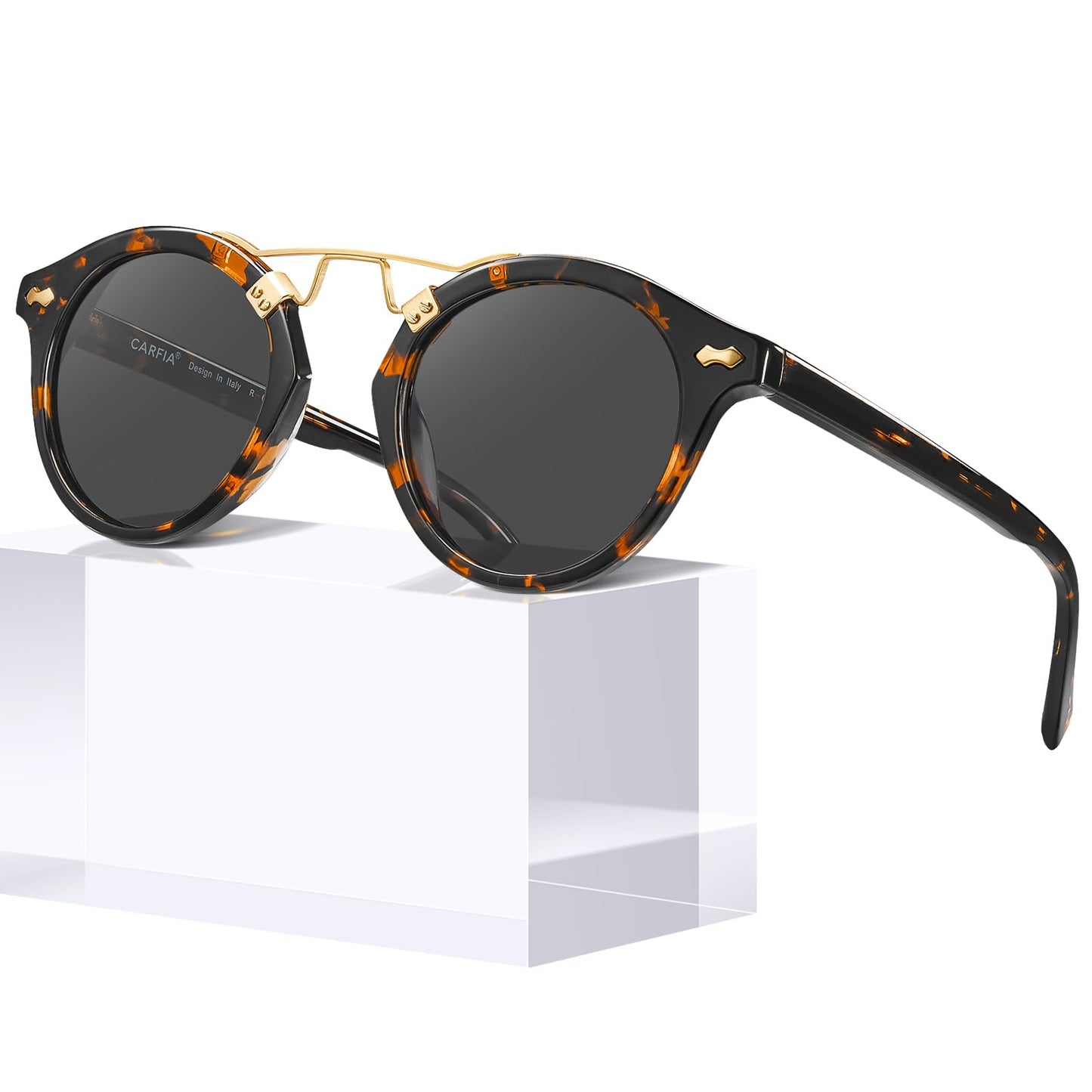 CARFIA Small Face Acetate Polarized Sunglasses for Women UV Protection, Retro Double Bridge Eyewears Metal Brow Round Sunnies