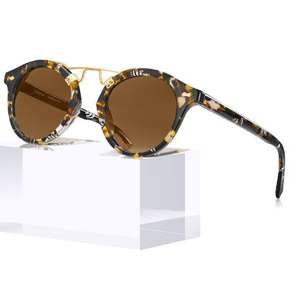 CARFIA Small Face Acetate Polarized Sunglasses for Women UV Protection, Retro Double Bridge Eyewears Metal Brow Round Sunnies