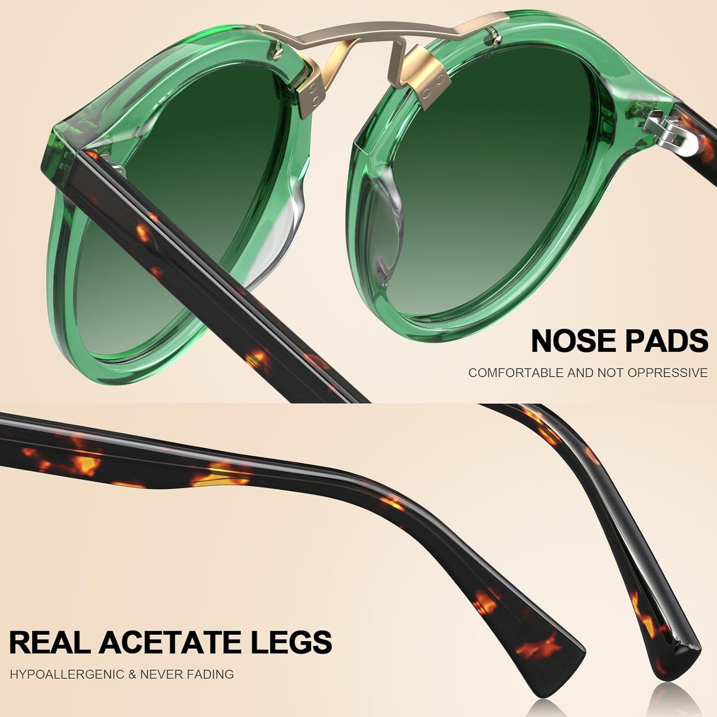 CARFIA Small Face Acetate Polarized Sunglasses for Women UV Protection, Retro Double Bridge Eyewears Metal Brow Round Sunnies