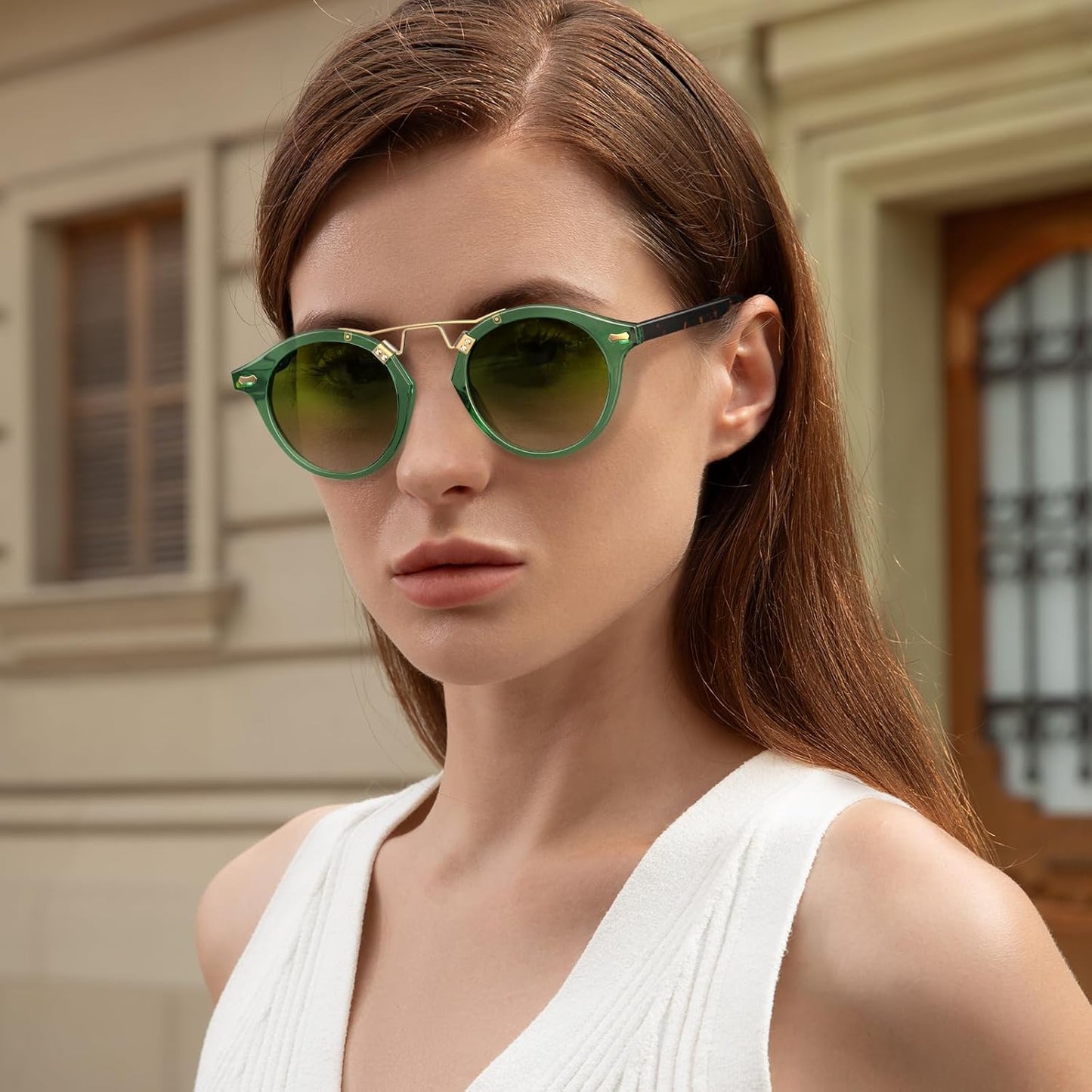 CARFIA Small Face Acetate Polarized Sunglasses for Women UV Protection, Retro Double Bridge Eyewears Metal Brow Round Sunnies