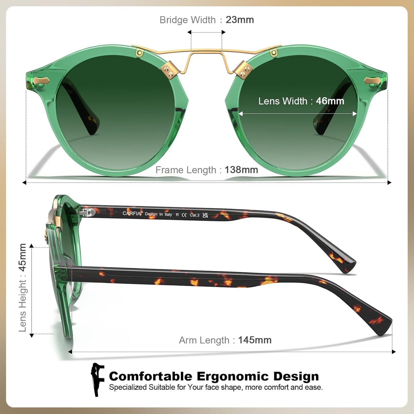CARFIA Small Face Acetate Polarized Sunglasses for Women UV Protection, Retro Double Bridge Eyewears Metal Brow Round Sunnies