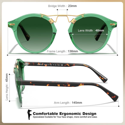 CARFIA Small Face Acetate Polarized Sunglasses for Women UV Protection, Retro Double Bridge Eyewears Metal Brow Round Sunnies