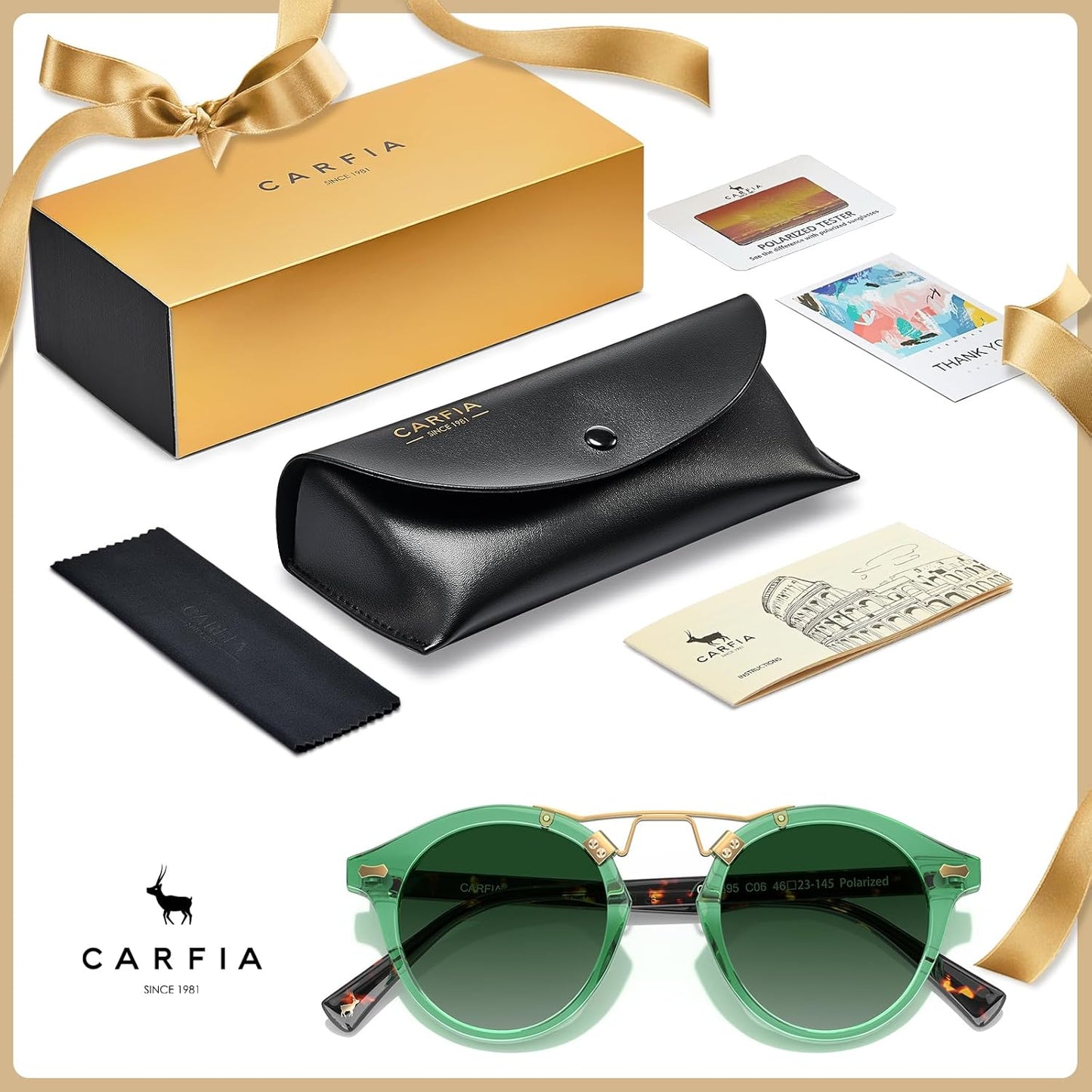 CARFIA Small Face Acetate Polarized Sunglasses for Women UV Protection, Retro Double Bridge Eyewears Metal Brow Round Sunnies