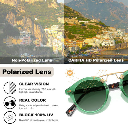 CARFIA Small Face Acetate Polarized Sunglasses for Women UV Protection, Retro Double Bridge Eyewears Metal Brow Round Sunnies